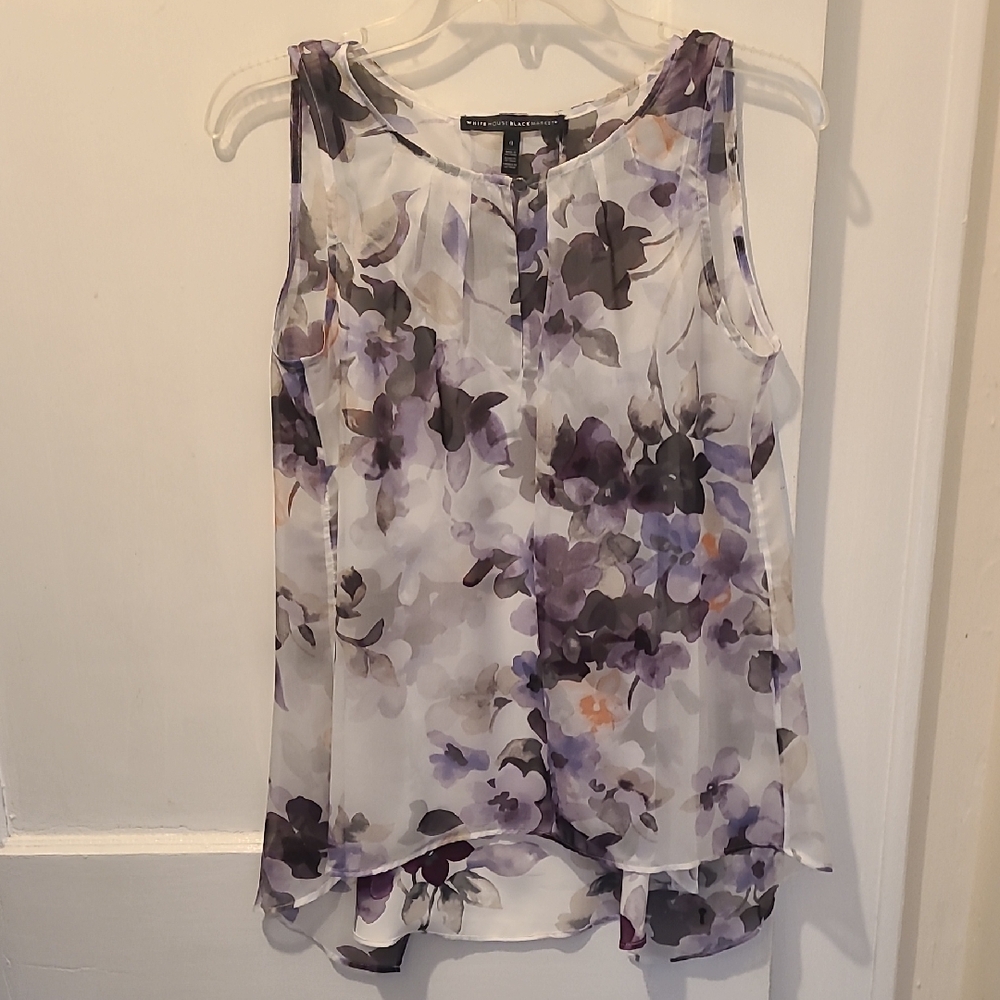 White House Black Market Floral Chiffon Blouse - Purple and Cream
